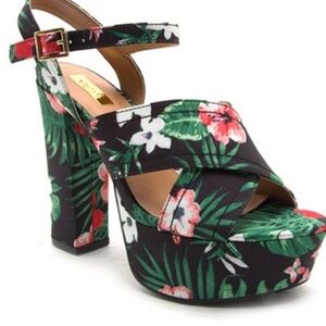 Black and green floral crush platform sandals